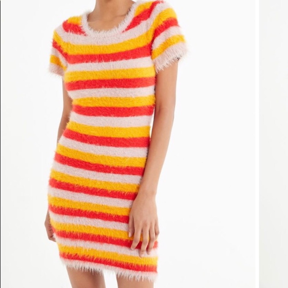 URBAN OUTFITTERS DREW BODYCON Dress- DREW FAUX FUR FUZZY BOLD STRIPED MINI NEW